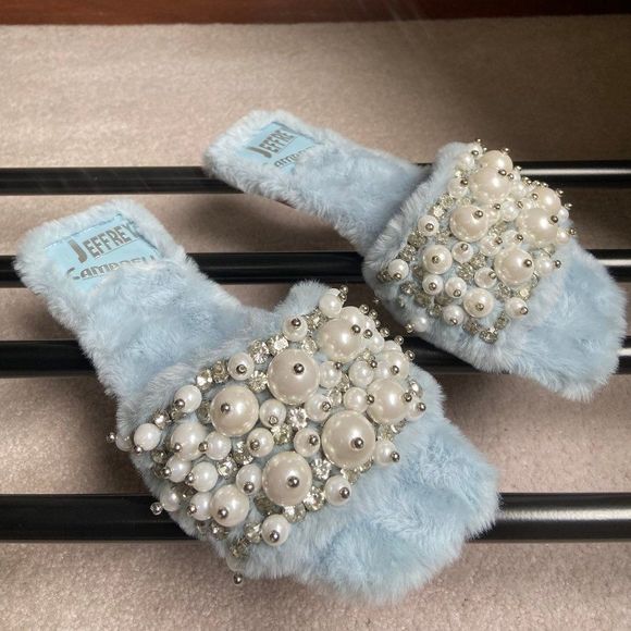JEFFREY CAMPBELL Fascile Pearl Gemstones Plush Slide Sandals - NEW NWOB - Picture 7 of 8